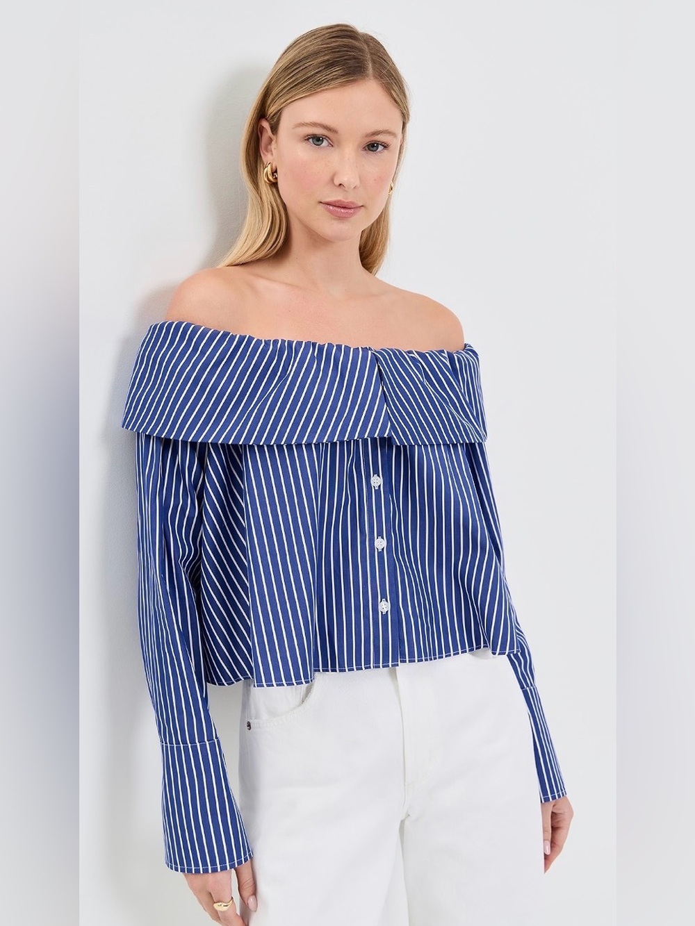 Caroline Constas Tina Off Shoulder Striped Ruffle Poplin Top Blue Small
